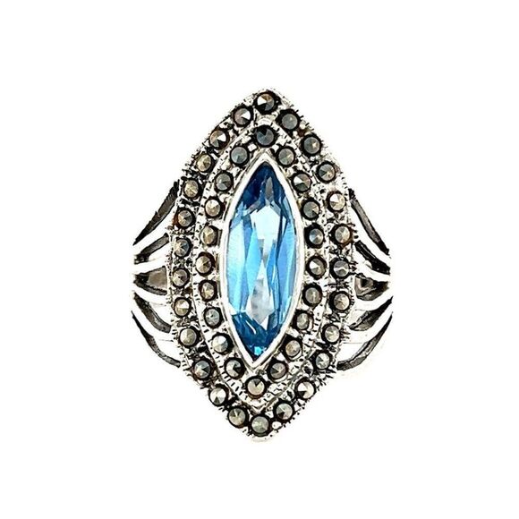 Sterling Silver 925 Large Marquis Topaz/Marcasite Ring - Picture 1 of 11